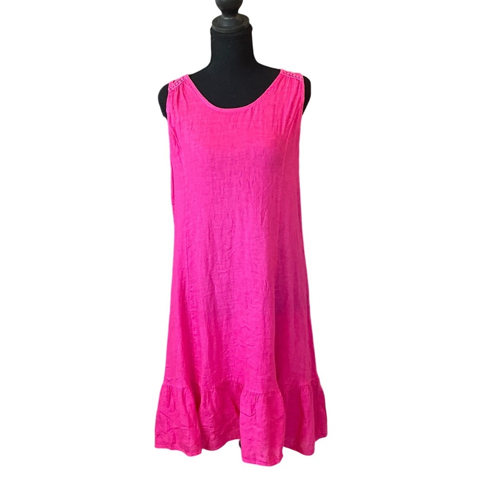 Terzo Millennio Pink 100% Linen Ruffle Hem Bow Back Dress Italy M Natural Fibers